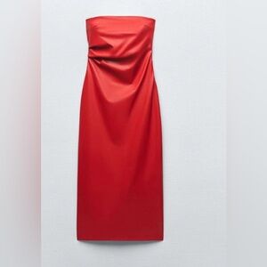 Zara Red Strapless Faux Leather Sheath Cocktail Dress